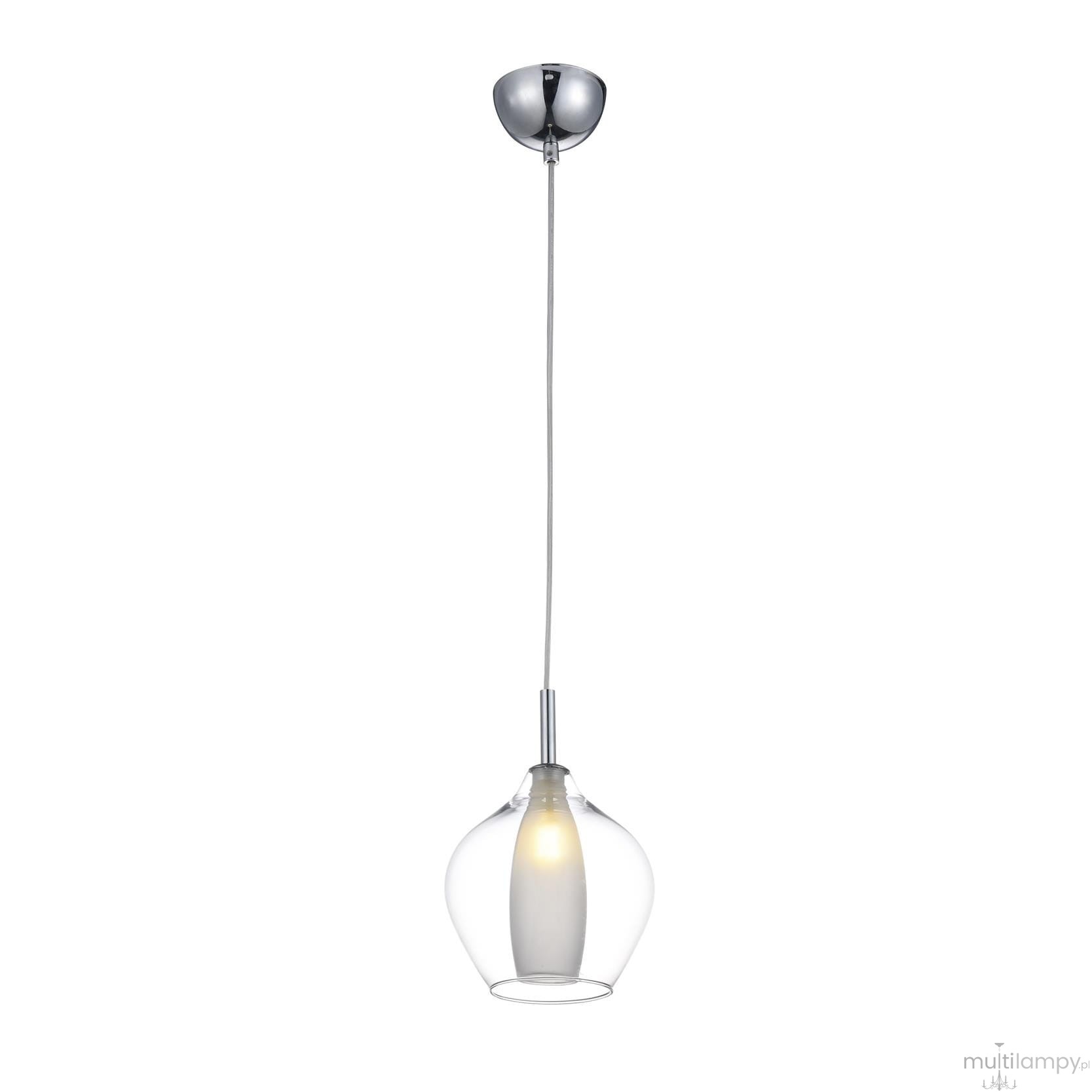 Lampa wisząca Amber Milano AZ3074 z przezroczystym kloszem w kształcie dzwonu, zawieszona na cienkim, białym przewodzie. Metalowy element mocujący w kolorze chromu, źródło światła umieszczone wewnątrz klosza, nadaje elegancki wygląd.