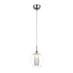 Lampa wisząca Amber Milano AZ3074 z przezroczystym kloszem w kształcie dzwonu, zawieszona na cienkim, białym przewodzie. Metalowy element mocujący w kolorze chromu, źródło światła umieszczone wewnątrz klosza, nadaje elegancki wygląd.