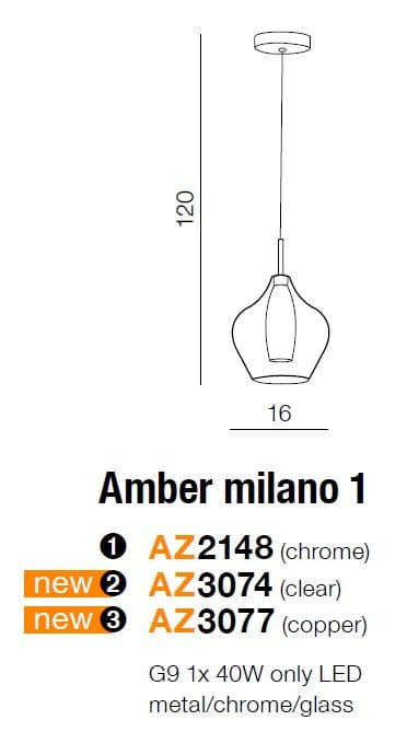 Lampa wisząca Amber Milano 1-punktowa w kolorze miedzi. Kształt zaokrąglony, z metalowym wykończeniem. Wymiary: wysokość 120 cm, średnica 16 cm. Przeznaczona do żarówki G9, max 40W LED. Zawieszona na cienkim przewodzie.