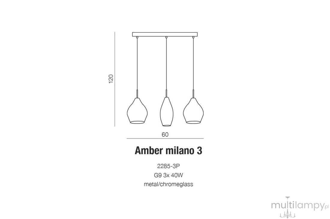 Lampa wisząca Amber Milano 3-punktowa w kolorze chromu. Składa się z trzech kloszy o kształcie dzwonu, zawieszonych na cienkich linkach. Wymiary: 120 cm wysokości, 60 cm szerokości. Wykonana z metalu i szkła. Przeznaczona do żarówek G9, maks. 40W.