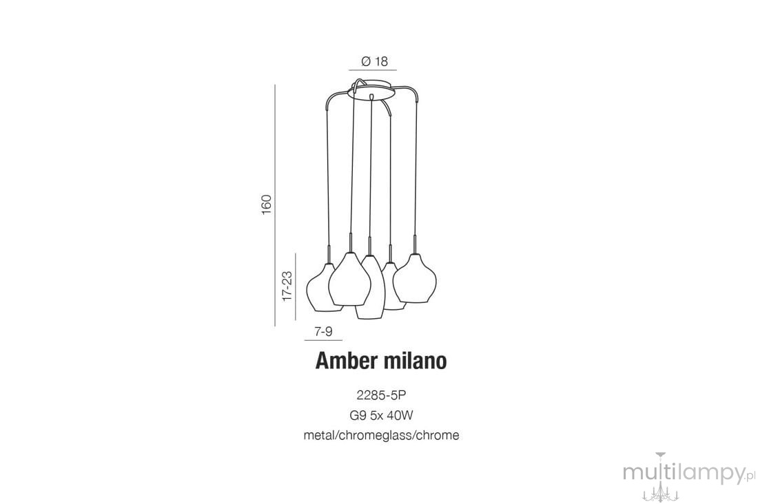 Lampa wisząca Amber Milano, 5-punktowa, z chromowanym metalem i szklanymi kloszami o kształcie kropli. Długość 160 cm, średnica kloszy 18 cm. Zawieszona na cienkich linkach, idealna do nowoczesnych wnętrz.
