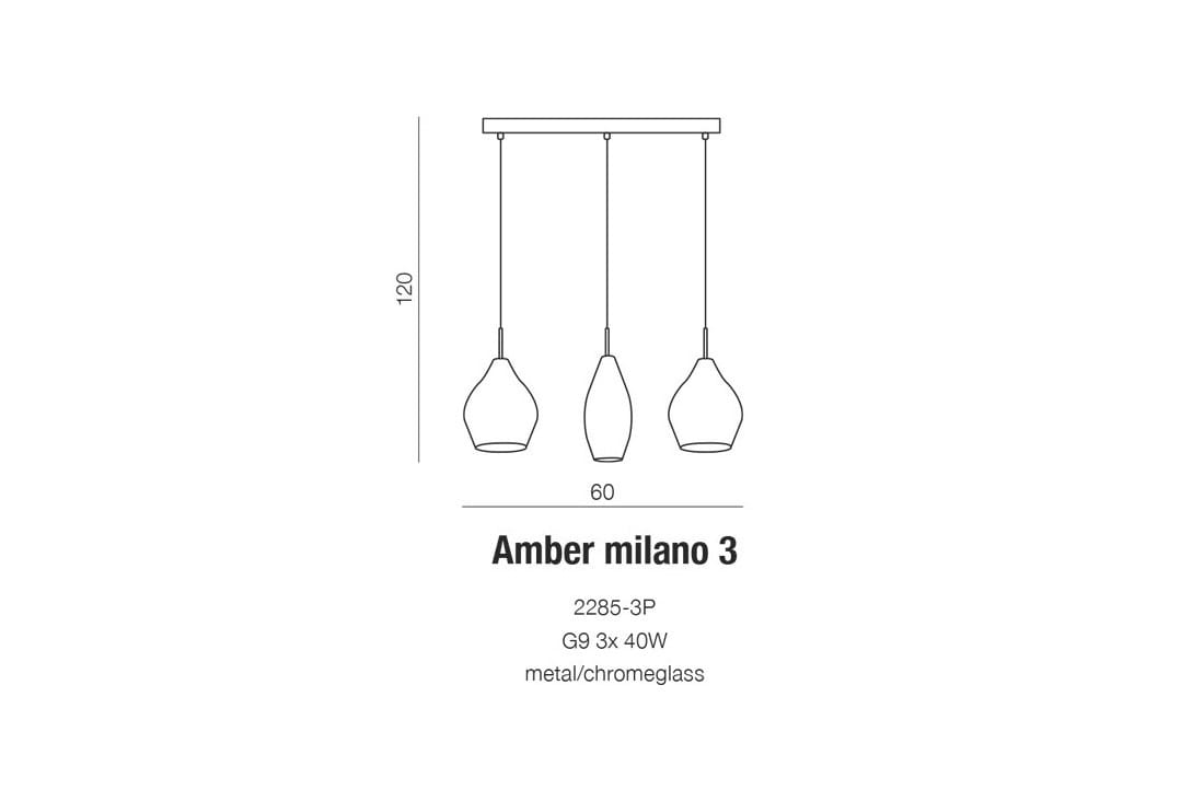 Lampa wisząca Amber Milano 3-punktowa z przeźroczystymi kloszami w kształcie dzwonu. Metalowa podsufitka w kolorze chromu. Wymiary: długość 120 cm, szerokość 60 cm. Przeznaczona do montażu sufitowego, idealna do nowoczesnych wnętrz.