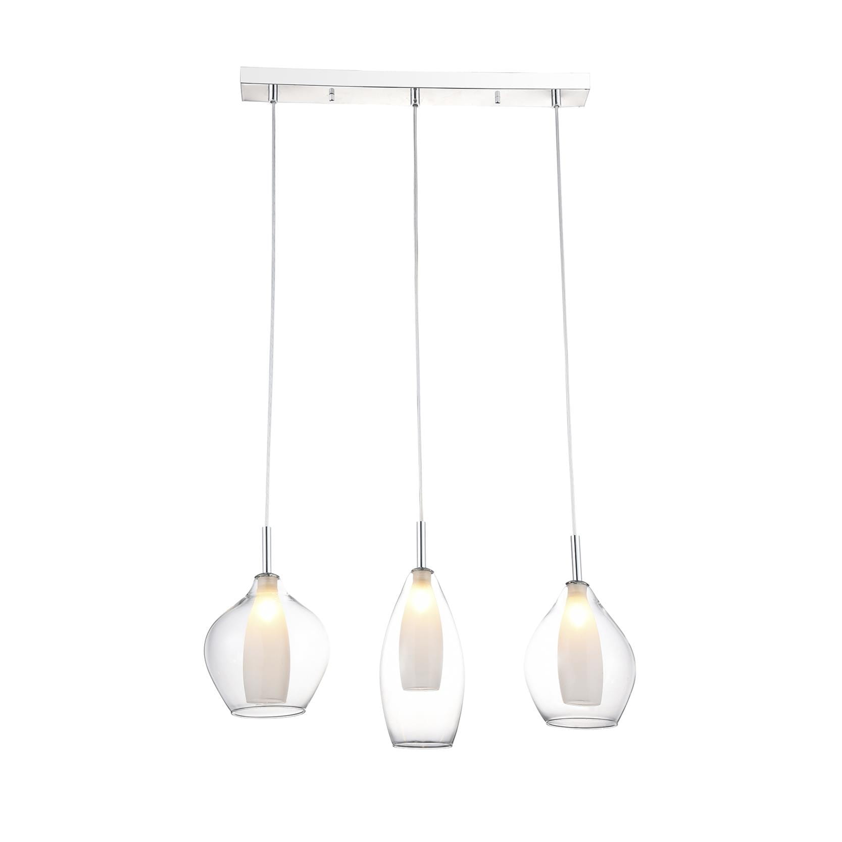 Lampa wisząca Amber Milano 3-punktowa, wykonana z przezroczystego szkła. Posiada trzy różne klosze o organicznych kształtach, zawieszone na cienkich linkach, z metalowym mocowaniem u góry. Źródło światła umieszczone w każdym kloszu.
