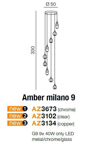 Lampa wisząca Amber Milano 9-punktowa, przeźroczysta, o średnicy 50 cm i wysokości 330 cm. Składa się z dziewięciu szklanych kloszy w różnych kształtach, zawieszonych na cienkich żyłkach, idealna do nowoczesnych wnętrz.