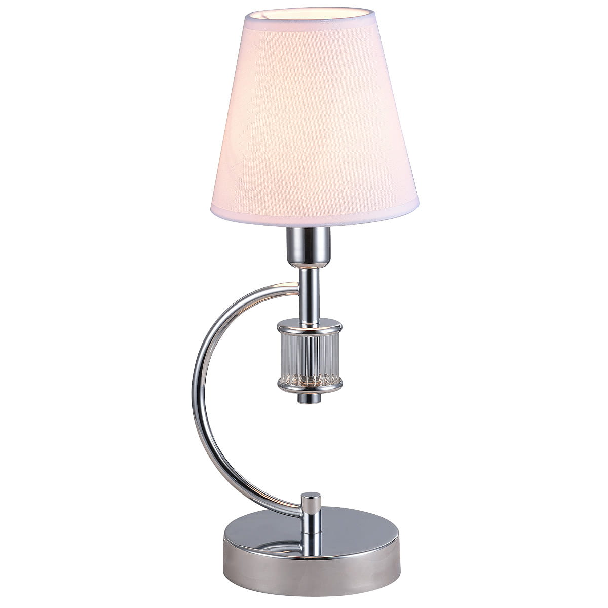 Lampa stołowa Liverpool 1-punktowa T01193CH o chromowanej podstawie, z przezroczystym detalem i białym abażurem w kształcie stożka, stojąca na okrągłej podstawie. Ujęcie z boku, ukazujące elegancki design i nowoczesny styl.