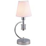 Lampa stołowa Liverpool 1-punktowa T01193CH o chromowanej podstawie, z przezroczystym detalem i białym abażurem w kształcie stożka, stojąca na okrągłej podstawie. Ujęcie z boku, ukazujące elegancki design i nowoczesny styl.