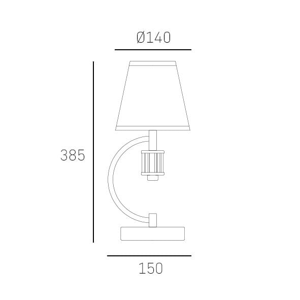 Lampa stołowa Liverpool 1-punktowa, o wysokości 385 mm i średnicy klosza 140 mm. Posiada okrągłą podstawę oraz elegancki, zaokrąglony kształt. Klosz z materiału w kolorze neutralnym. Wymiary podstawy to 150 mm.