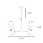 Żyrandol Liverpool 5-punktowy, metalowy z dwoma abażurami. Wymiary: wysokość 1200 mm, średnica 600 mm, szerokość 380 mm. Zawieszony na łańcuchu, elegancki design z klasycznymi detalami.