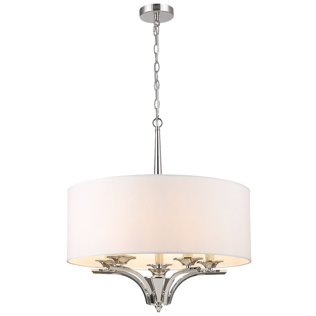 Lampa wisząca Atlanta 5-punktowa w chromowanym wykończeniu. Okrągły klosz z białego materiału, zamontowany na eleganckiej, metalowej podstawie. Produkt zawieszony na łańcuchu, idealny do nowoczesnych wnętrz.