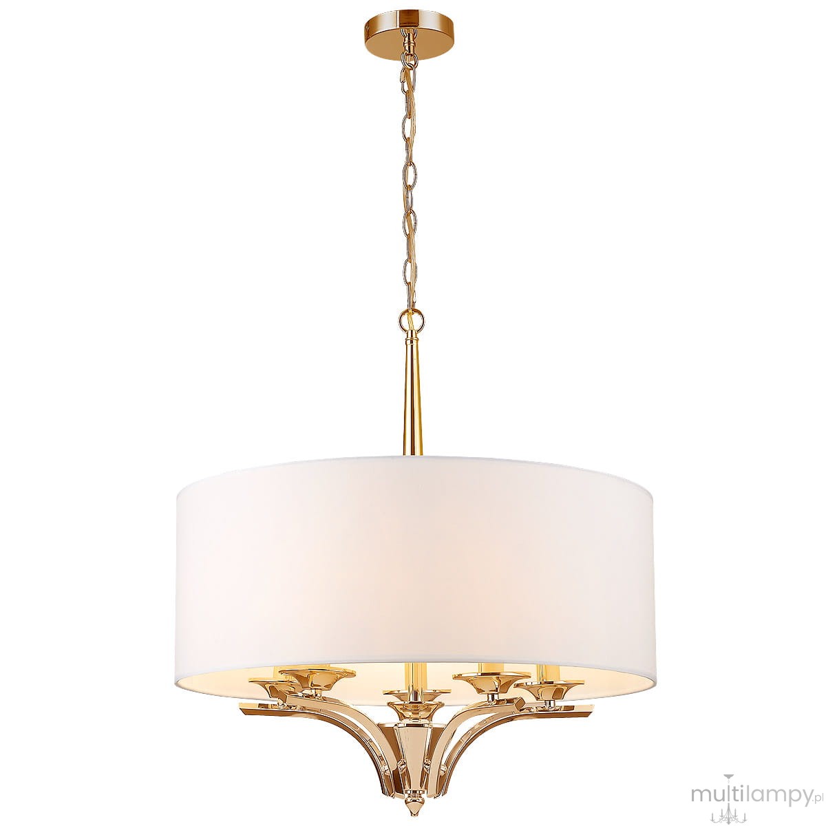 Złota lampa wisząca Atlanta z pięcioma punktami świetlnymi, z okrągłym białym abażurem. Produkt zawieszony na złotym łańcuchu, z elegancką podstawą. Idealny do nowoczesnych wnętrz, zapewniający równomierne oświetlenie.