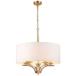 Złota lampa wisząca Atlanta z pięcioma punktami świetlnymi, z okrągłym białym abażurem. Produkt zawieszony na złotym łańcuchu, z elegancką podstawą. Idealny do nowoczesnych wnętrz, zapewniający równomierne oświetlenie.