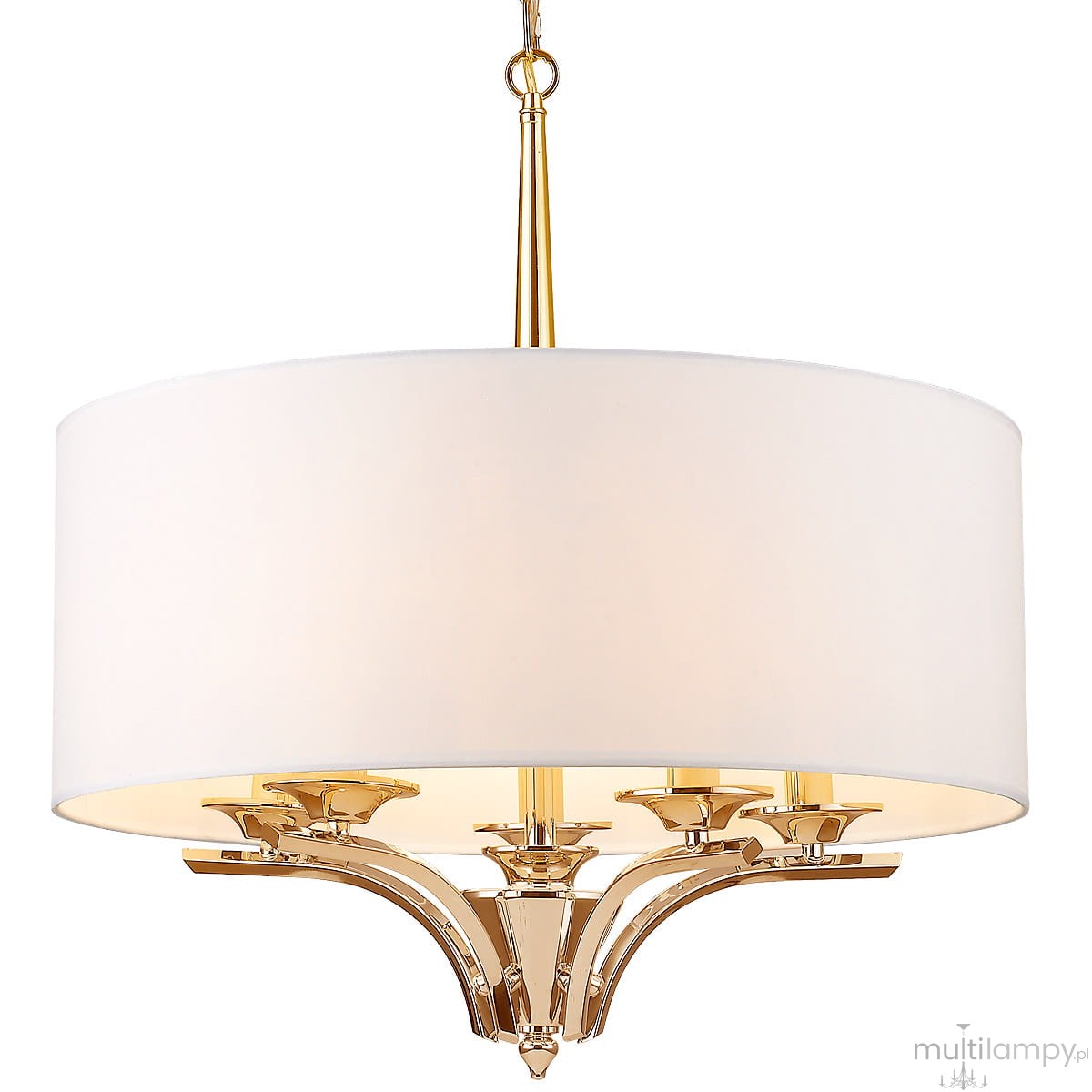 Złota lampa wisząca Atlanta 5-punktowa, z okrągłym, białym kloszem. Posiada pięć źródeł światła zamocowanych na eleganckiej, stylizowanej podstawie. Wisi na cienkim łańcuszku, z delikatnym wykończeniem w metalicznym odcieniu.