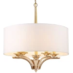 Złota lampa wisząca Atlanta 5-punktowa, z okrągłym, białym kloszem. Posiada pięć źródeł światła zamocowanych na eleganckiej, stylizowanej podstawie. Wisi na cienkim łańcuszku, z delikatnym wykończeniem w metalicznym odcieniu.