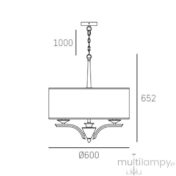 Złota lampa wisząca Atlanta 5-punktowa o średnicy 600 mm i wysokości 1000 mm. Posiada prostokątny klosz oraz eleganckie, zaokrąglone ramiona. Ujęcie frontalne z wymiarami: 652 mm wysokości. Idealna do nowoczesnych wnętrz.