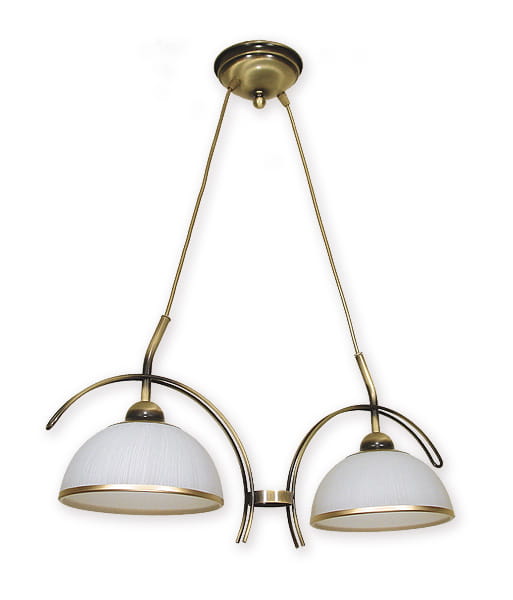 Flex żyrandol 2-punktowy O1482 PAT w kolorze złotym z białymi kloszami. Klosze mają zaokrąglony kształt z delikatnym wzorem. Produkt zawieszony na dwóch metalowych linkach, mocowany do sufitu. Idealny do nowoczesnych wnętrz.