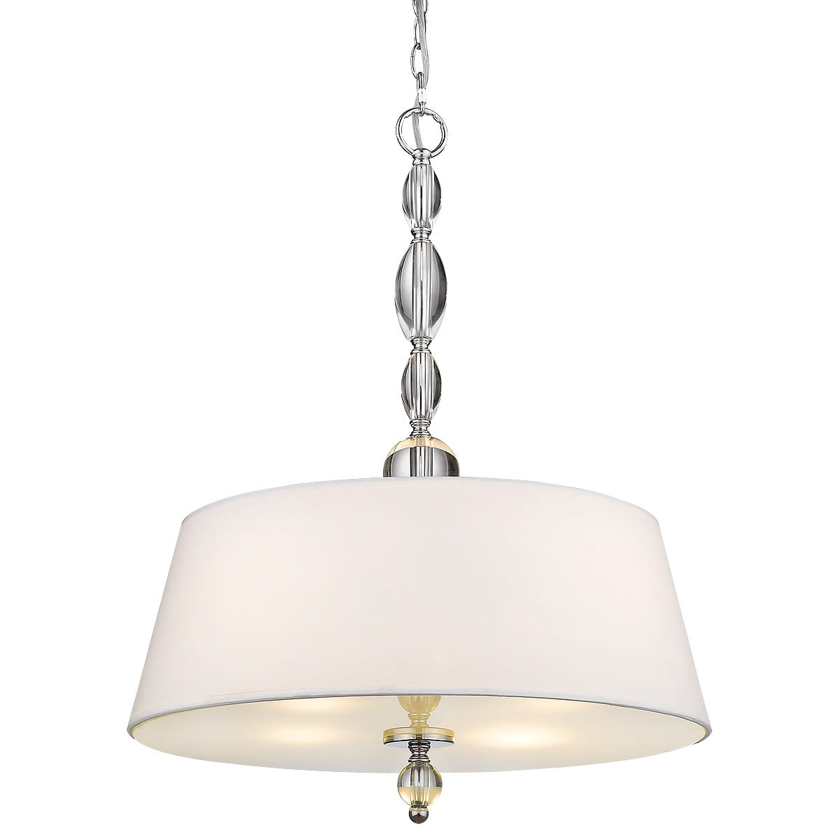 Lampa wisząca Cancun 4-punktowa w kolorze białym z metalowymi, chromowanymi elementami. Okrągły klosz z tkaniny, zawieszony na dekoracyjnym łańcuchu. Stylowy design, idealna do nowoczesnych wnętrz.