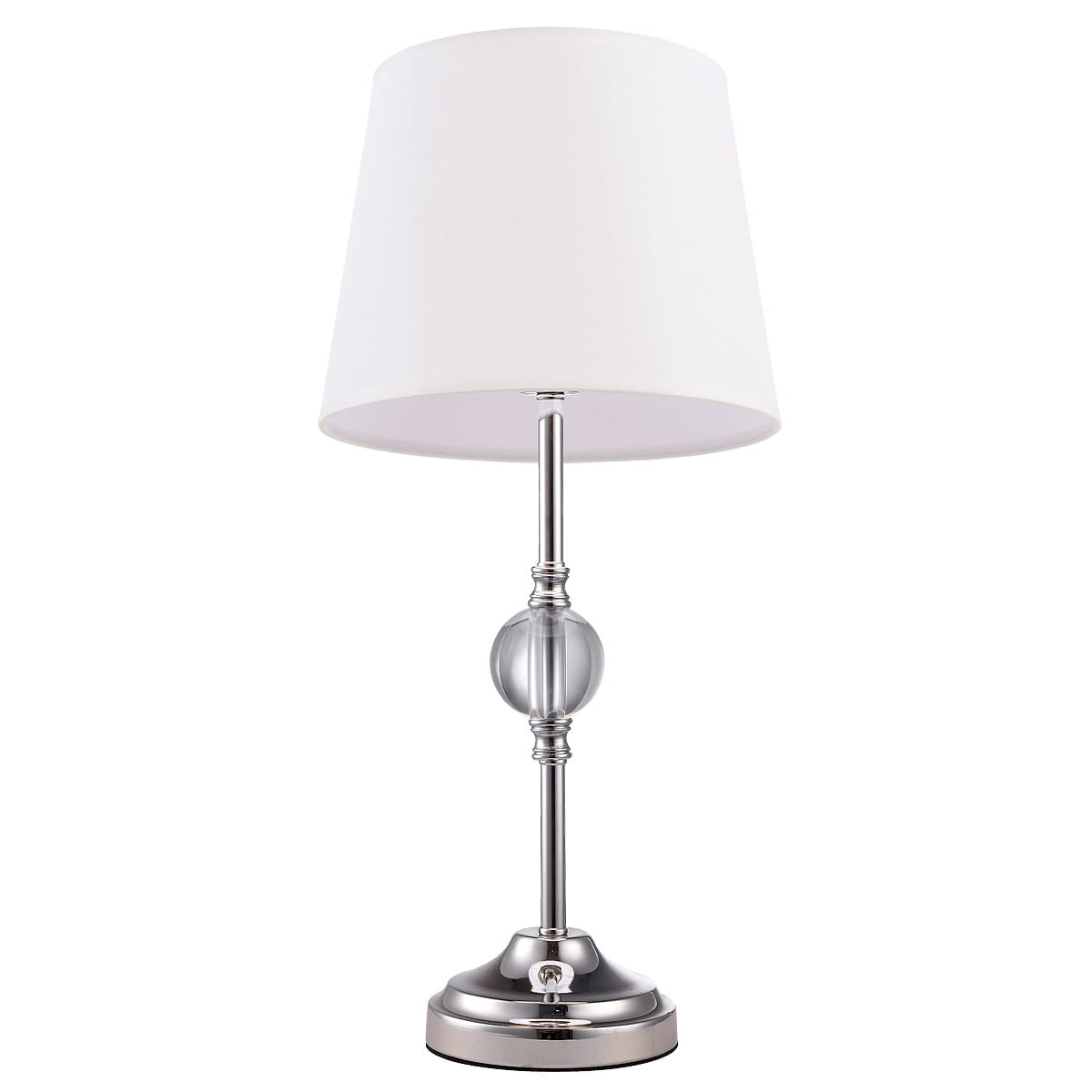 Lampa stołowa Monaco 1-punktowa, z metalowym chromowanym stelażem, szklanym elementem w kształcie kuli oraz białym abażurem w kształcie stożka. Ujęcie frontalne, stojąca na okrągłej podstawie.
