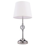Lampa stołowa Monaco 1-punktowa, z metalowym chromowanym stelażem, szklanym elementem w kształcie kuli oraz białym abażurem w kształcie stożka. Ujęcie frontalne, stojąca na okrągłej podstawie.