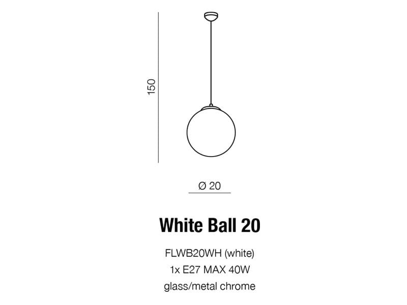 Lampa wisząca White Ball 20, średnica 20 cm, w kolorze białym, wykonana z szkła i metalu. Zawieszona na cienkim przewodzie, z chromowanym wykończeniem. Wysokość 150 cm, przeznaczona na żarówkę E27 maks. 40W.