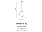 Lampa wisząca White Ball 20, średnica 20 cm, w kolorze białym, wykonana z szkła i metalu. Zawieszona na cienkim przewodzie, z chromowanym wykończeniem. Wysokość 150 cm, przeznaczona na żarówkę E27 maks. 40W.