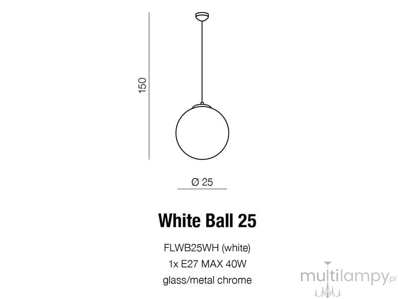 Lampa wisząca White Ball 25, okrągła, biała, średnica 25 cm, wykonana z szkła i metalu, zawieszona na cienkim przewodzie. Wysokość 150 cm, przeznaczona na żarówkę E27 maks. 40W. Minimalistyczny design, idealna do nowoczesnych wnętrz.