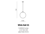 Lampa wisząca White Ball 25, okrągła, biała, średnica 25 cm, wykonana z szkła i metalu, zawieszona na cienkim przewodzie. Wysokość 150 cm, przeznaczona na żarówkę E27 maks. 40W. Minimalistyczny design, idealna do nowoczesnych wnętrz.