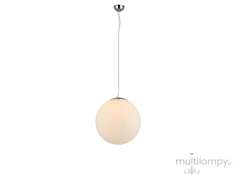 Lampa wisząca White Ball 25, okrągła kula z mlecznego szkła, zawieszona na cienkim metalowym kabelku. Górna część z chromowanym wykończeniem. Prosta forma, idealna do nowoczesnych wnętrz.