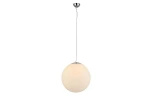 Lampa wisząca White Ball 25, okrągła kula z mlecznego szkła, zawieszona na cienkim metalowym kabelku. Górna część z chromowanym wykończeniem. Prosta forma, idealna do nowoczesnych wnętrz.