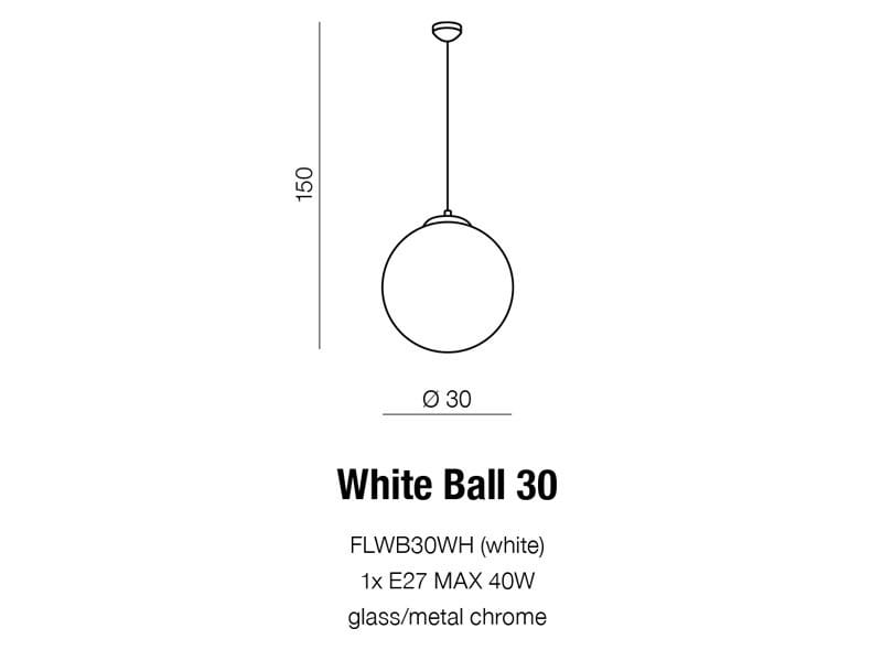 Lampa wisząca White Ball 30 o okrągłym kształcie, średnicy 30 cm, wykonana z białego szkła i chromowanego metalu. Zawieszona na cienkim przewodzie, wysokość 150 cm. Przeznaczona do żarówki E27 maks. 40W.