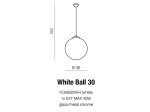 Lampa wisząca White Ball 30 o okrągłym kształcie, średnicy 30 cm, wykonana z białego szkła i chromowanego metalu. Zawieszona na cienkim przewodzie, wysokość 150 cm. Przeznaczona do żarówki E27 maks. 40W.