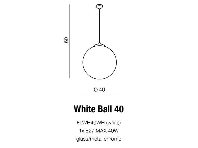 Lampa wisząca White Ball 40 o średnicy 40 cm, wykonana z białego szkła z chromowanymi elementami. Ujęcie frontalne, zawieszona na cienkim kablu, wysokość 160 cm, przeznaczona do jednego źródła światła E27 maks. 40W.