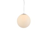 Lampa wisząca White Ball 40, okrągła, matowa, w kolorze białym, z metalowym mocowaniem. Zawieszona na cienkim przewodzie, w widoku frontalnym. Idealna do nowoczesnych wnętrz.