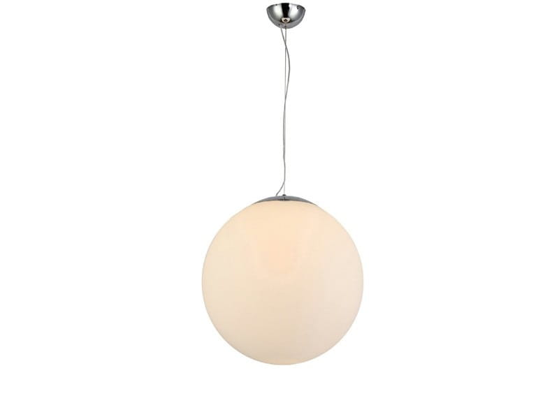 Lampa wisząca White Ball 40 w kształcie dużej, matowej kuli o białym kolorze, zawieszona na cienkim przewodzie. Metalowy uchwyt w kolorze chromu. Prosta forma, idealna do nowoczesnych wnętrz.