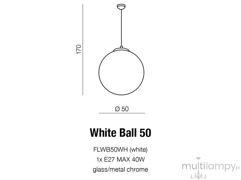 Lampa wisząca White Ball 50 o średnicy 50 cm. Okrągły klosz w kolorze białym z materiału szklanego, zawieszony na cienkim, metalowym kablu. Wysokość całkowita 170 cm, przeznaczona na żarówkę E27 maks. 40W.