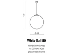 Lampa wisząca White Ball 50 o średnicy 50 cm. Okrągły klosz w kolorze białym z materiału szklanego, zawieszony na cienkim, metalowym kablu. Wysokość całkowita 170 cm, przeznaczona na żarówkę E27 maks. 40W.