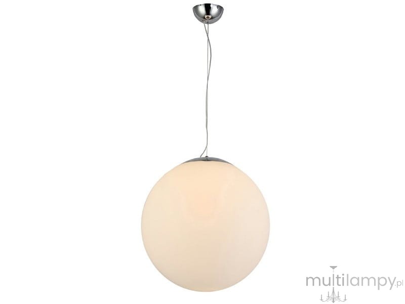 Lampa wisząca White Ball 50 w kształcie kuli, wykonana z matowego, białego materiału, zawieszona na cienkim stalowym przewodzie z metalowym mocowaniem. Prosta forma nadaje nowoczesny charakter. Wisi w pionie, idealna do oświetlenia wnętrz.