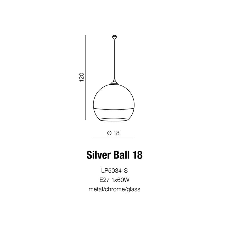 Lampa wisząca Silver Ball 18 o średnicy 18 cm, wykonana z metalu i szkła, zawieszona na cienkim przewodzie. Wysokość 120 cm. Jednopunktowe źródło światła na gwint E27, maksymalna moc 60W. Prosta, okrągła forma w kolorze chromu.