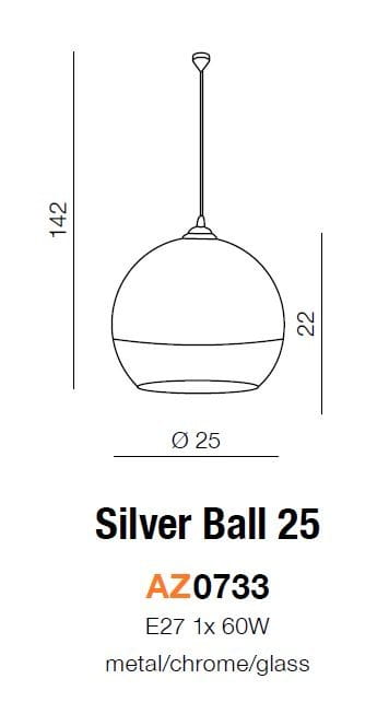 Lampa wisząca Silver Ball 25, 1-punktowa, o średnicy 25 cm, wykonana z metalu i szkła w kolorze chromowanym. Wysokość 142 cm, z przezroczystą dolną częścią. Zawieszona na cienkim przewodzie. Idealna do nowoczesnych wnętrz.