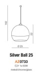 Lampa wisząca Silver Ball 25, 1-punktowa, o średnicy 25 cm, wykonana z metalu i szkła w kolorze chromowanym. Wysokość 142 cm, z przezroczystą dolną częścią. Zawieszona na cienkim przewodzie. Idealna do nowoczesnych wnętrz.