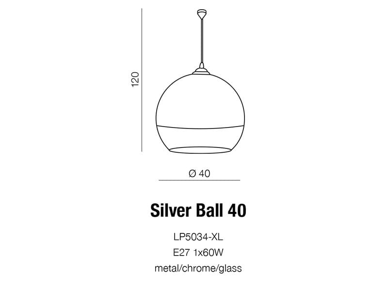 Lampa wisząca Silver Ball 40 o średnicy 40 cm, w kolorze chromu i szkła. Kształt okrągły, zawieszona na cienkim przewodzie. Wysokość 120 cm, przeznaczona na żarówkę E27 do 60W. Prosty i nowoczesny design.
