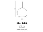Lampa wisząca Silver Ball 40 o średnicy 40 cm, w kolorze chromu i szkła. Kształt okrągły, zawieszona na cienkim przewodzie. Wysokość 120 cm, przeznaczona na żarówkę E27 do 60W. Prosty i nowoczesny design.