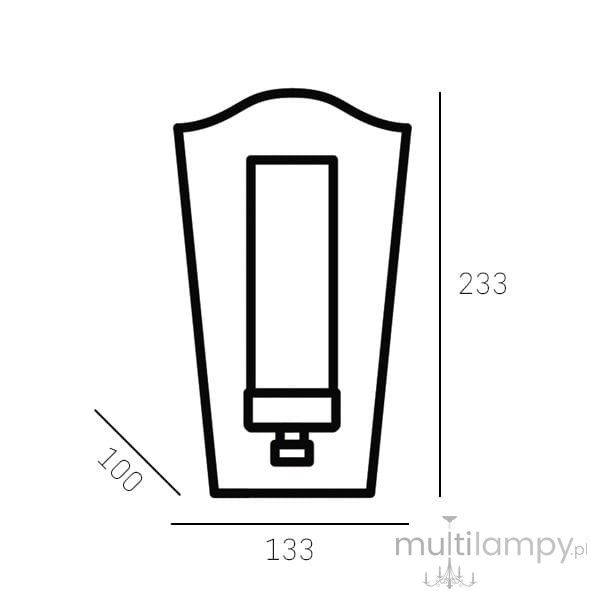 Kinkiet Dublin 1-punktowy W01162BZ w kształcie prostokątnym, z widoczną oprawą na żarówkę, o wymiarach 233 mm wysokości i 133 mm szerokości. Ułożony w pozycji pionowej, z prostym, minimalistycznym designem.