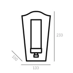 Kinkiet Dublin 1-punktowy W01162BZ w kształcie prostokątnym, z widoczną oprawą na żarówkę, o wymiarach 233 mm wysokości i 133 mm szerokości. Ułożony w pozycji pionowej, z prostym, minimalistycznym designem.