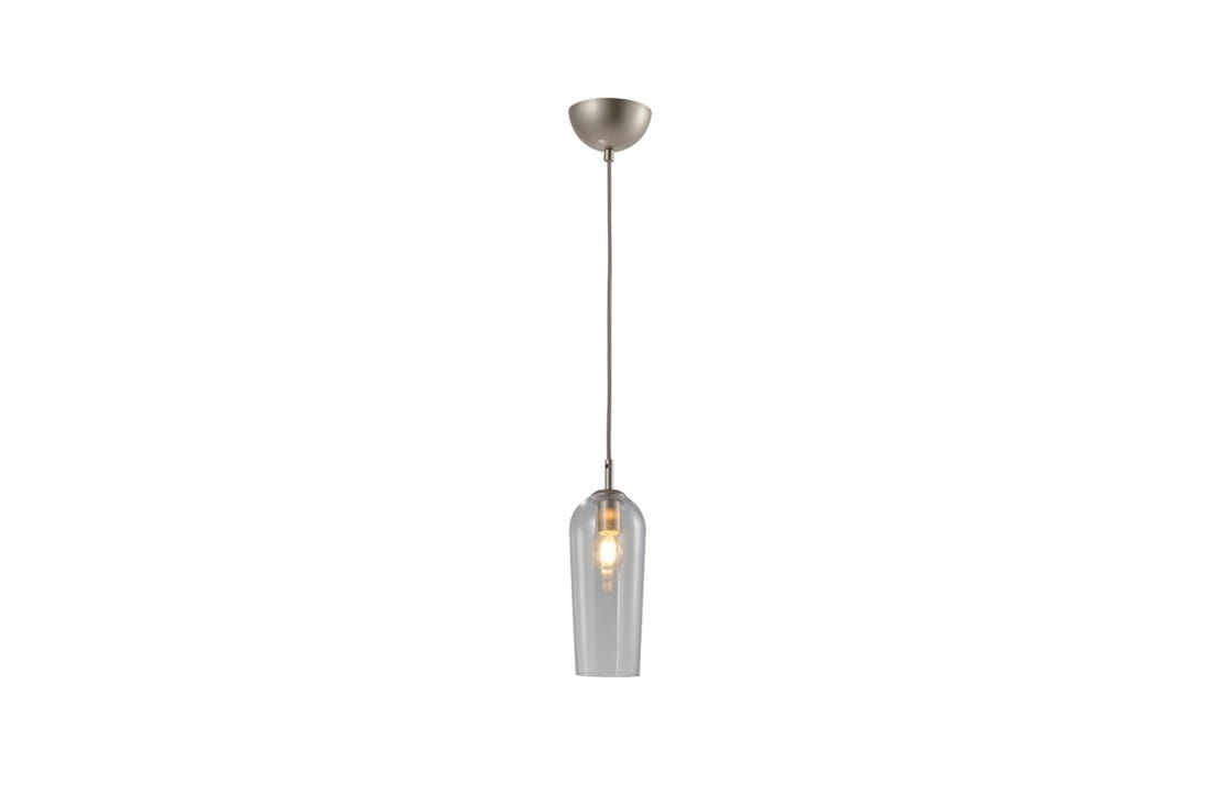 Lampa wisząca Blanca 1-punktowa w kolorze szampanowym, z przezroczystym kloszem o kształcie stożka. Zawieszona na cienkim kablu, z metalowym mocowaniem sufitowym. Idealna do nowoczesnych wnętrz.