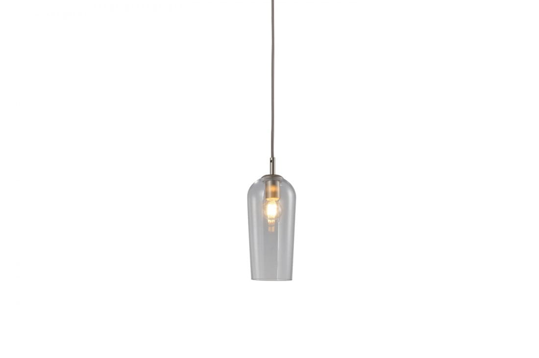 Lampa wisząca Blanca 1-punktowa w kolorze szampanowym, z przezroczystym kloszem o zaokrąglonym kształcie. Zawieszona na metalowym przewodzie, w widocznym wnętrzu źródło światła. Prosta, elegancka forma, idealna do nowoczesnych wnętrz.