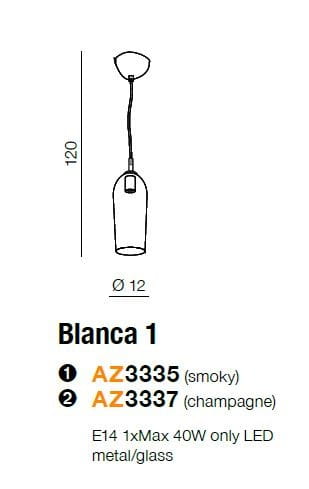 Jednopunktowa lampa wisząca Blanca w kolorze szampanowym, wykonana z metalu i szkła. Okrągła podsufitka, zwis o długości 120 cm i średnicy 12 cm. Przeznaczona na żarówkę E14, max 40W.