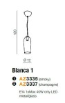 Jednopunktowa lampa wisząca Blanca w kolorze szampanowym, wykonana z metalu i szkła. Okrągła podsufitka, zwis o długości 120 cm i średnicy 12 cm. Przeznaczona na żarówkę E14, max 40W.