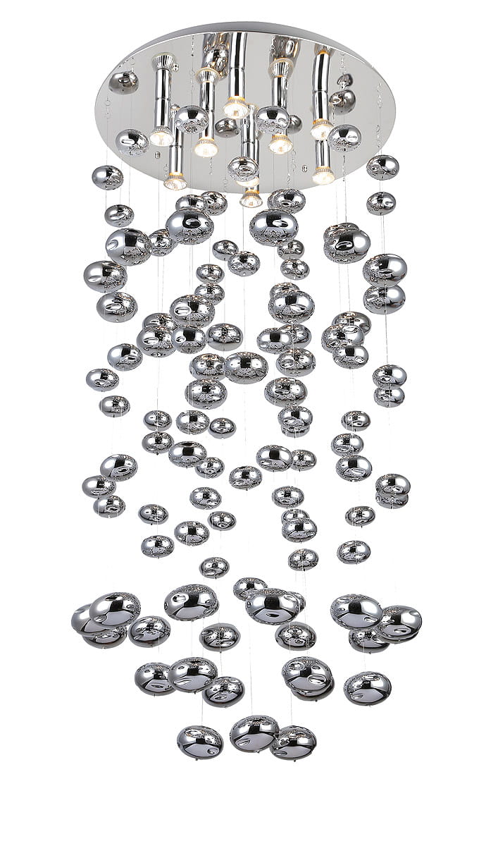 Luvia 125 lampa wisząca 9-punktowa w chromowanej obudowie. Zawiera osiem chromowanych kul w różnych rozmiarach, zwisających z cienkich linki, oraz centralne źródło światła. Całość zawieszona na okrągłej podstawie.