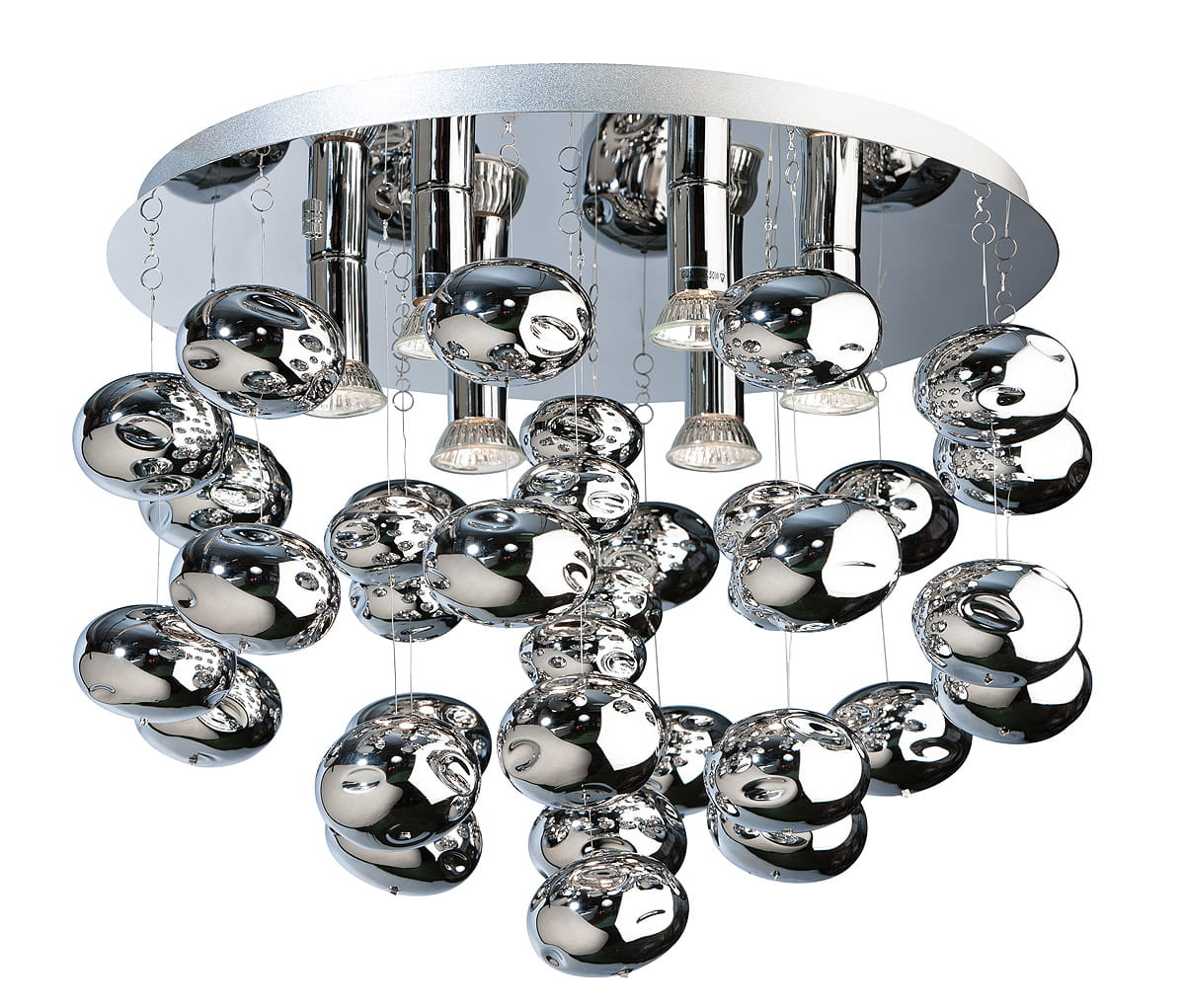 Luvia D49 lampa sufitowa 6-punktowa w kolorze chromu, z okrągłą podstawą i wiszącymi, odbijającymi światło kulkami. Wzór dekoracyjny z przezroczystymi detalami, montowana sufitowo, idealna do nowoczesnych wnętrz.