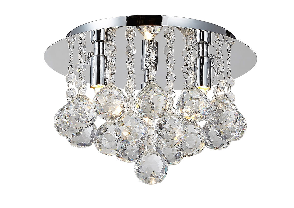 Lampa sufitowa Bolla D27 w chromowanej oprawie, z trzema punktami świetlnymi, zdobiona kryształowymi kulami i przezroczystymi łańcuszkami. Ujęcie z dołu, pokazujące detale i lustrzane wykończenie.